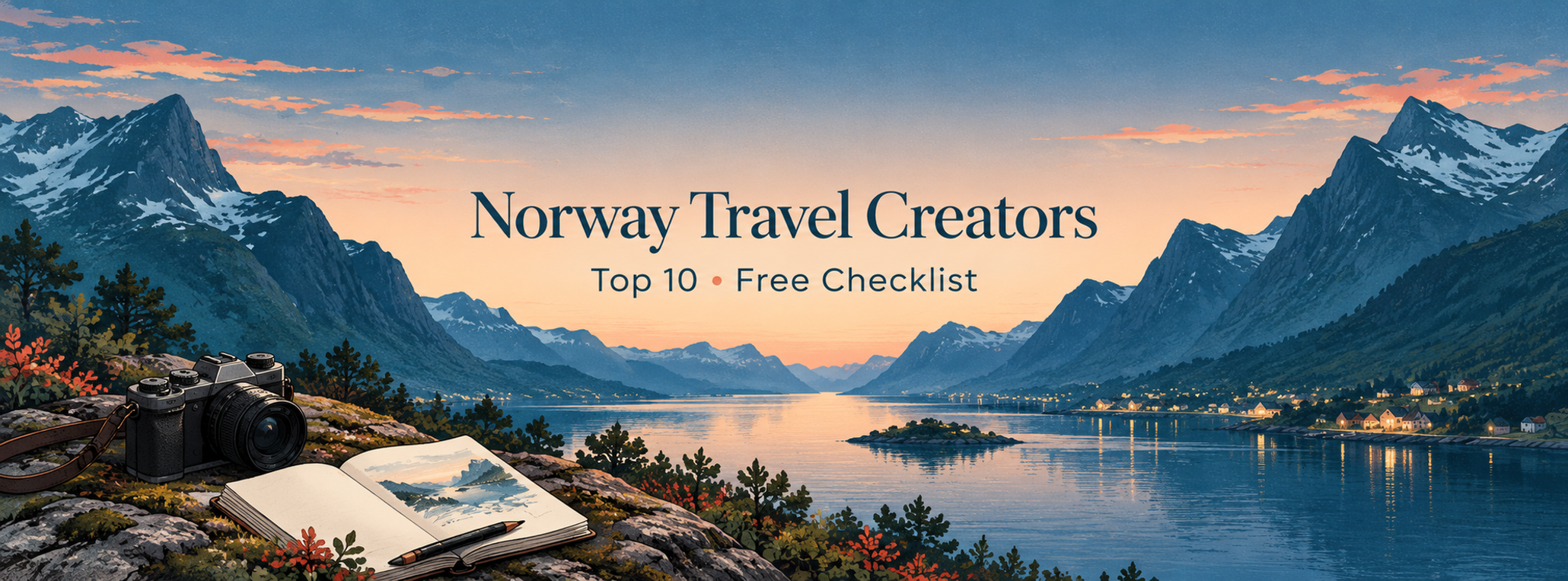 Norway-inspired fjord, camera and sketchbook concept illustration, not an exact view or a real creator photograph.