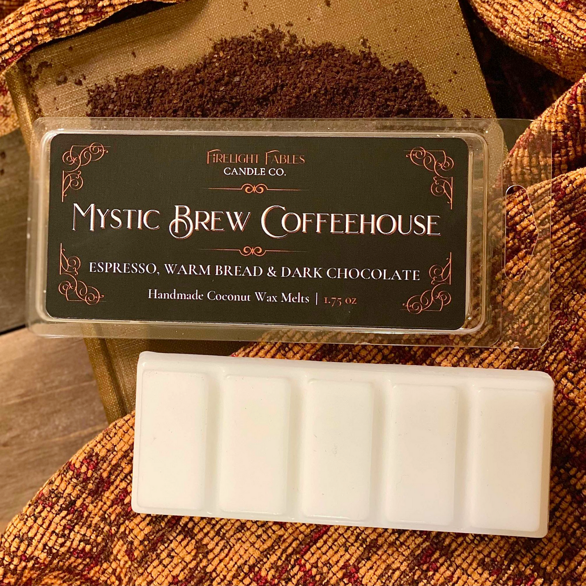Mystic Brew Coffeehouse wax melts with notes of fresh ground coffee, warm bread, and dark chocolate, evoking a cozy medieval