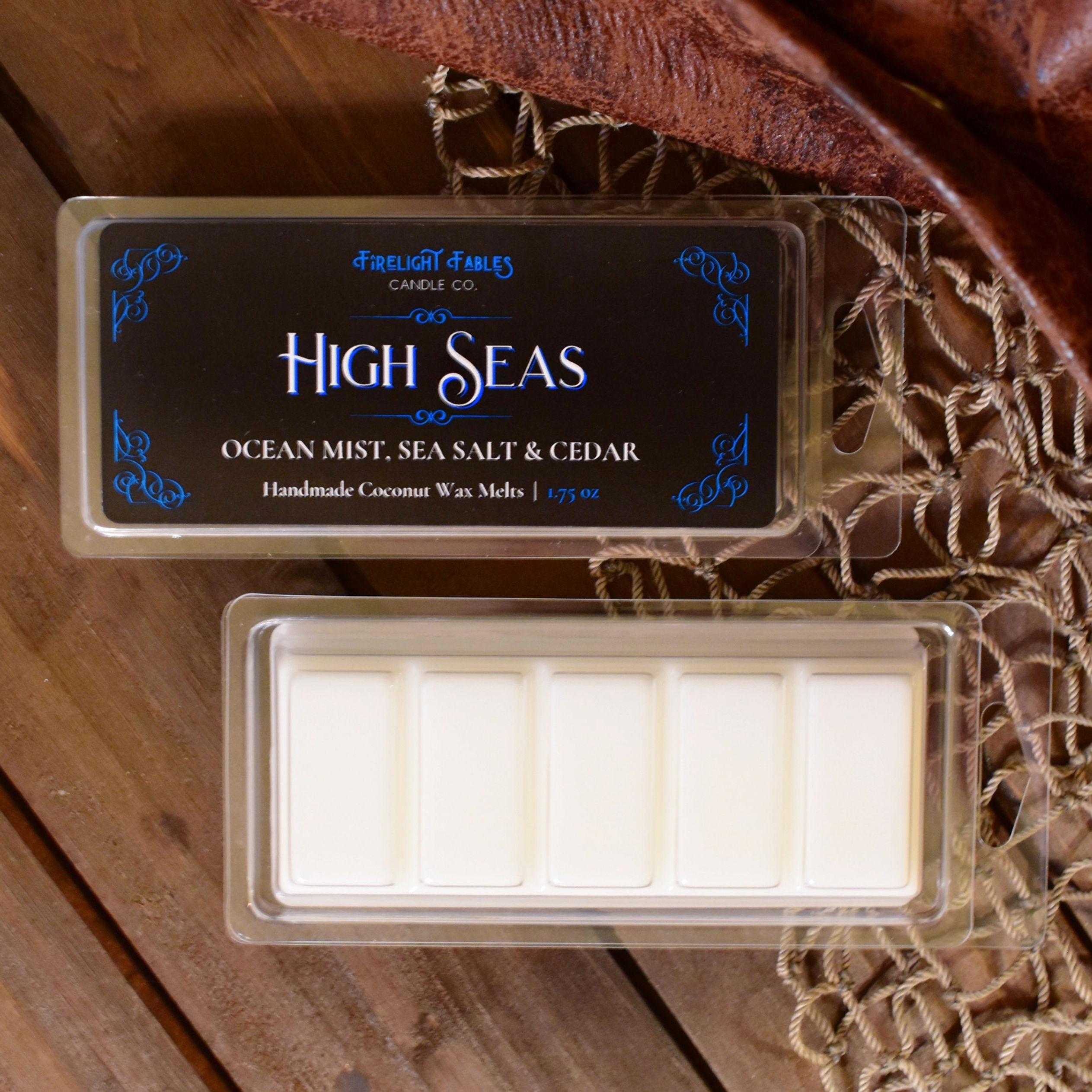 High Seas wax melts with notes of ocean mist, sea salt, and cedar, evoking the thrill of maritime adventures.