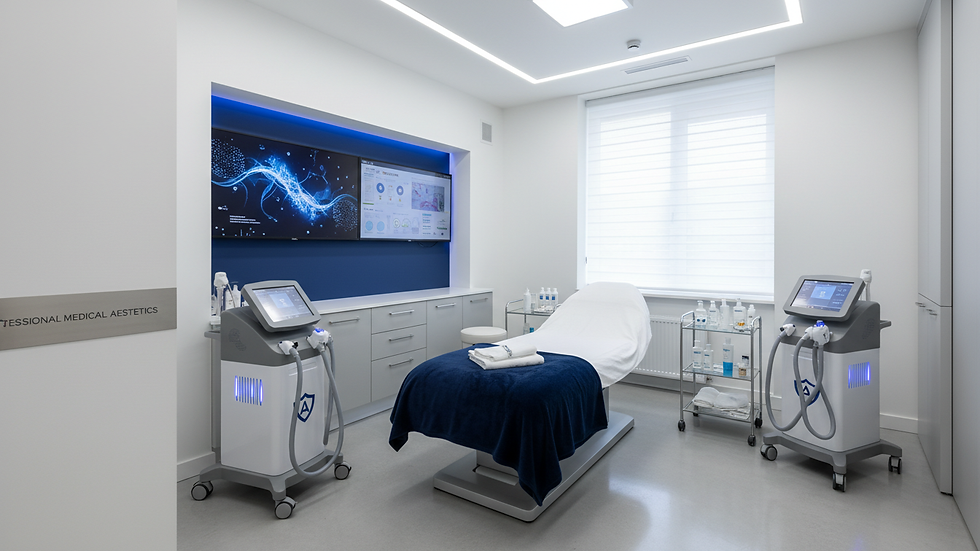 Eye-level view of aesthetic clinic treatment room with advanced machines