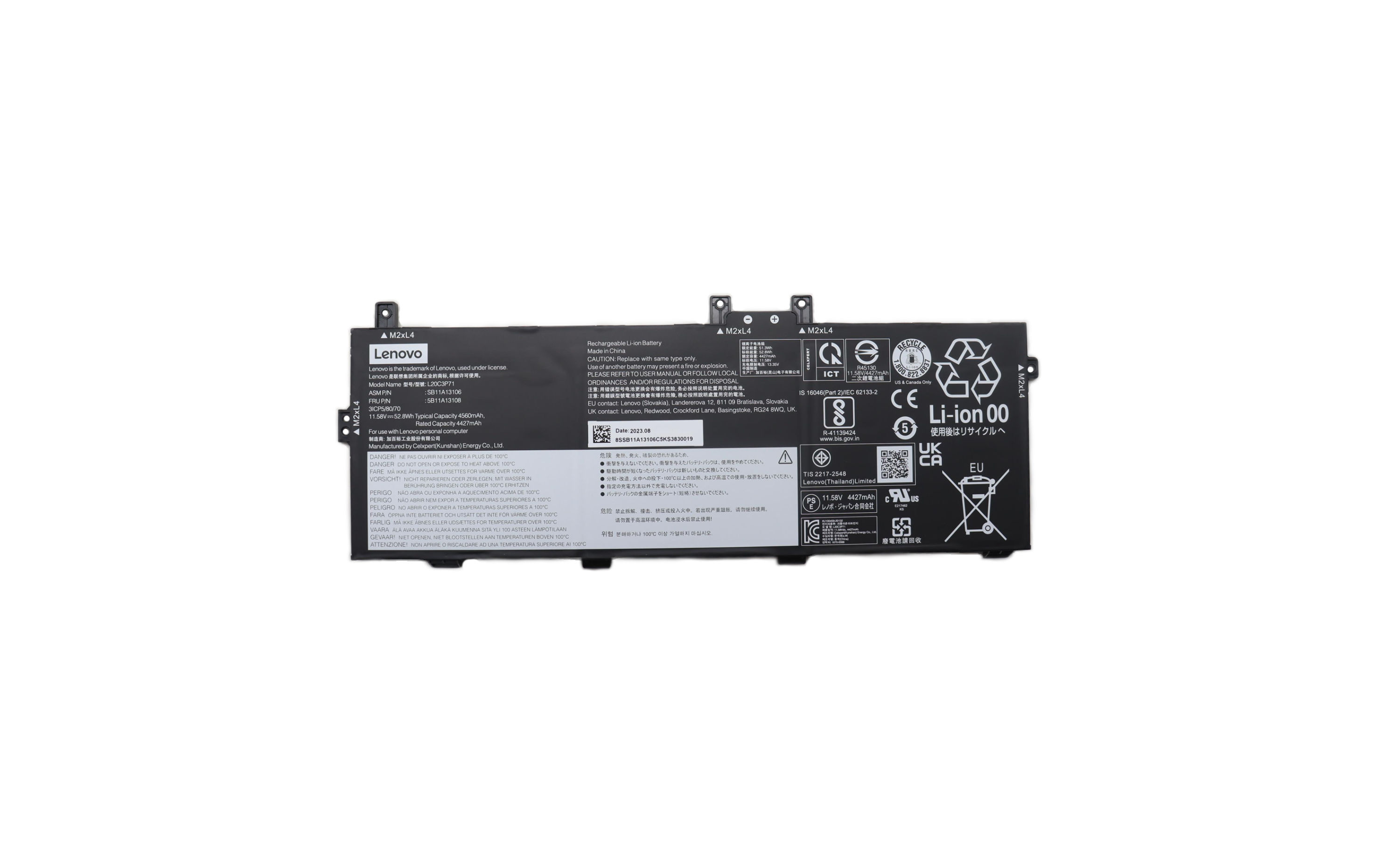 Lenovo BATTERY,11.58V,52.8Wh,3cell - 5B11A13108 Front View