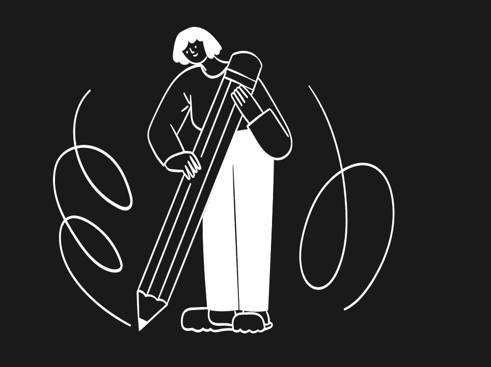 white line-art illustration of a person holding a pencil on black background