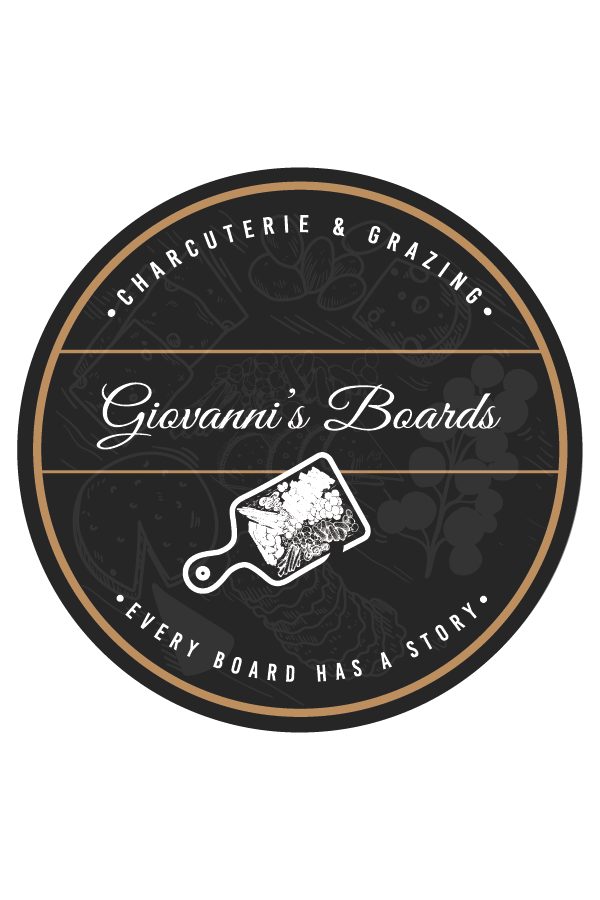 Circular charcuterie logo on dark background