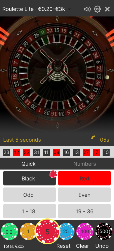Betting closing: “Last 5 seconds” with a warning style and timer emphasis while controls remain active.