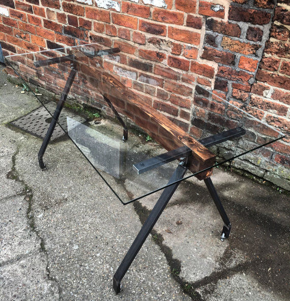 Thumbnail: Reclaimed Industrial Chic 6-8 Seater Glass Solid Wood & Metal Dining Table 115