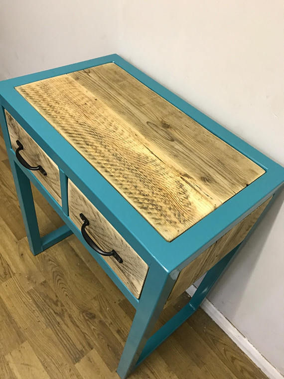 Thumbnail: Industrial Chic Custom Reclaimed Console Table with 2 Drawers Turquoise 552