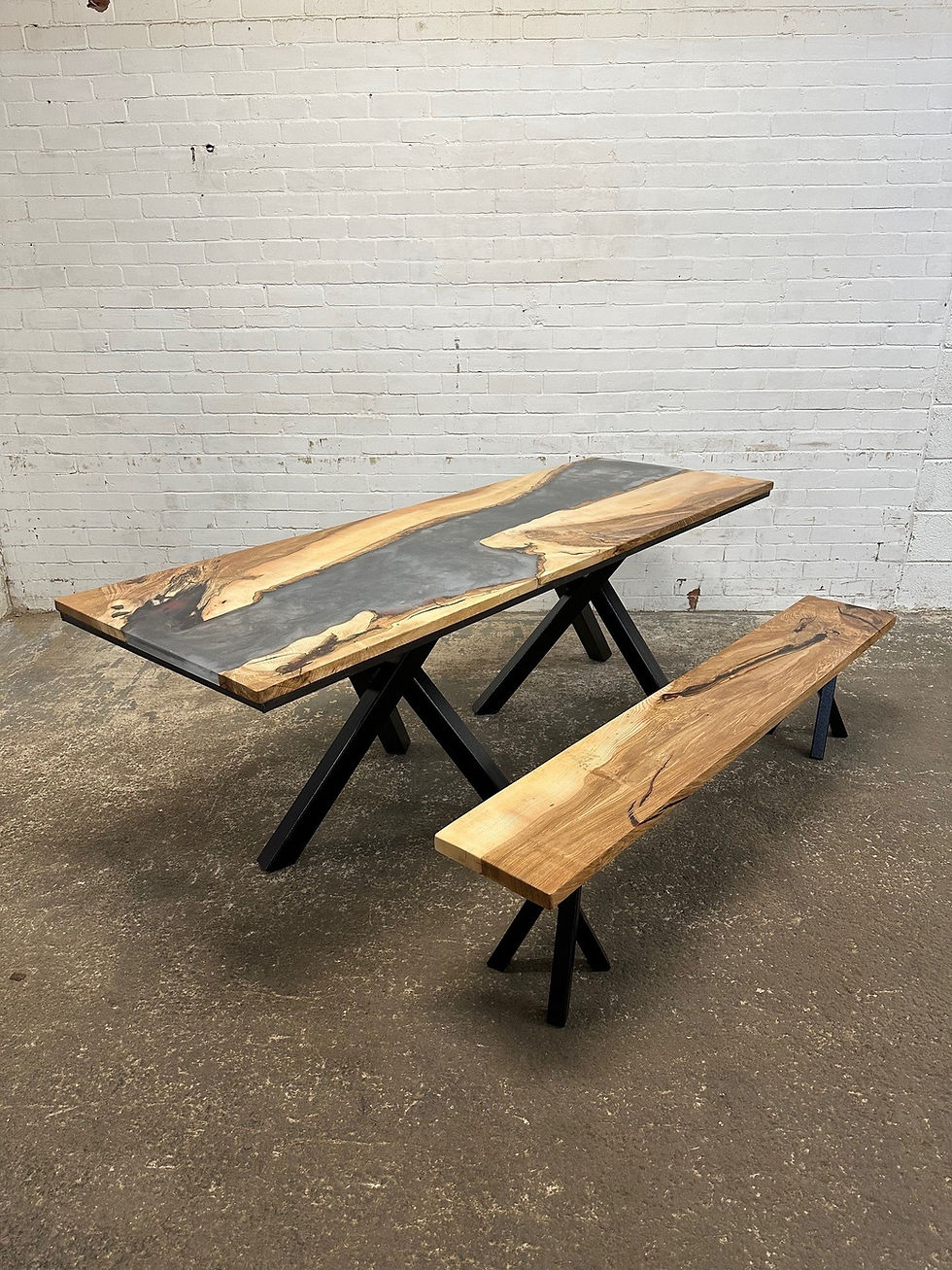 Thumbnail: Industrial Chic Solid Oak Epoxy Resin River Twin Pedestal Base Dining Table -805