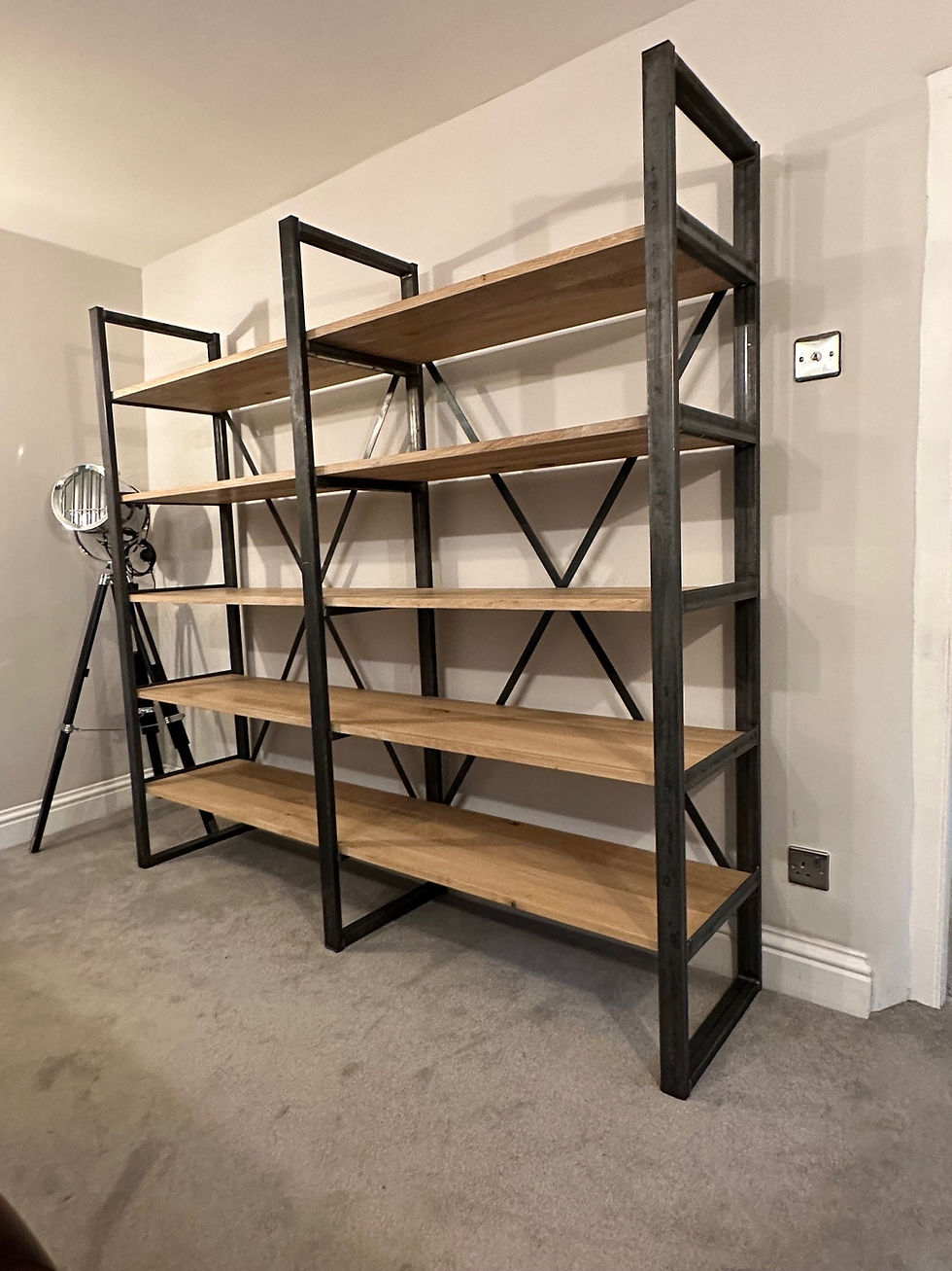 Thumbnail: Solid Oak Industrial Large Double X Steel & Wood Bookcase Shelving Unit - 839