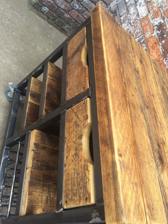Thumbnail: Reclaimed Industrial Steel Kitchen Island Unit with Drawers & Shelving 030
