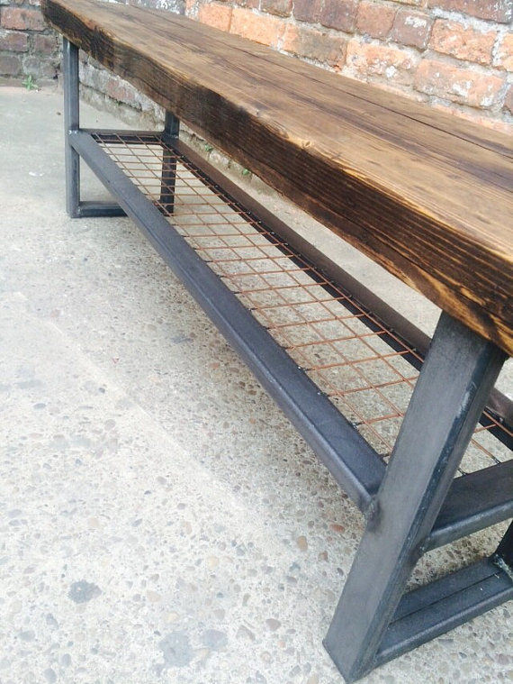 Thumbnail: Industrial Chic Reclaimed Bench with Wire Shelf - 448