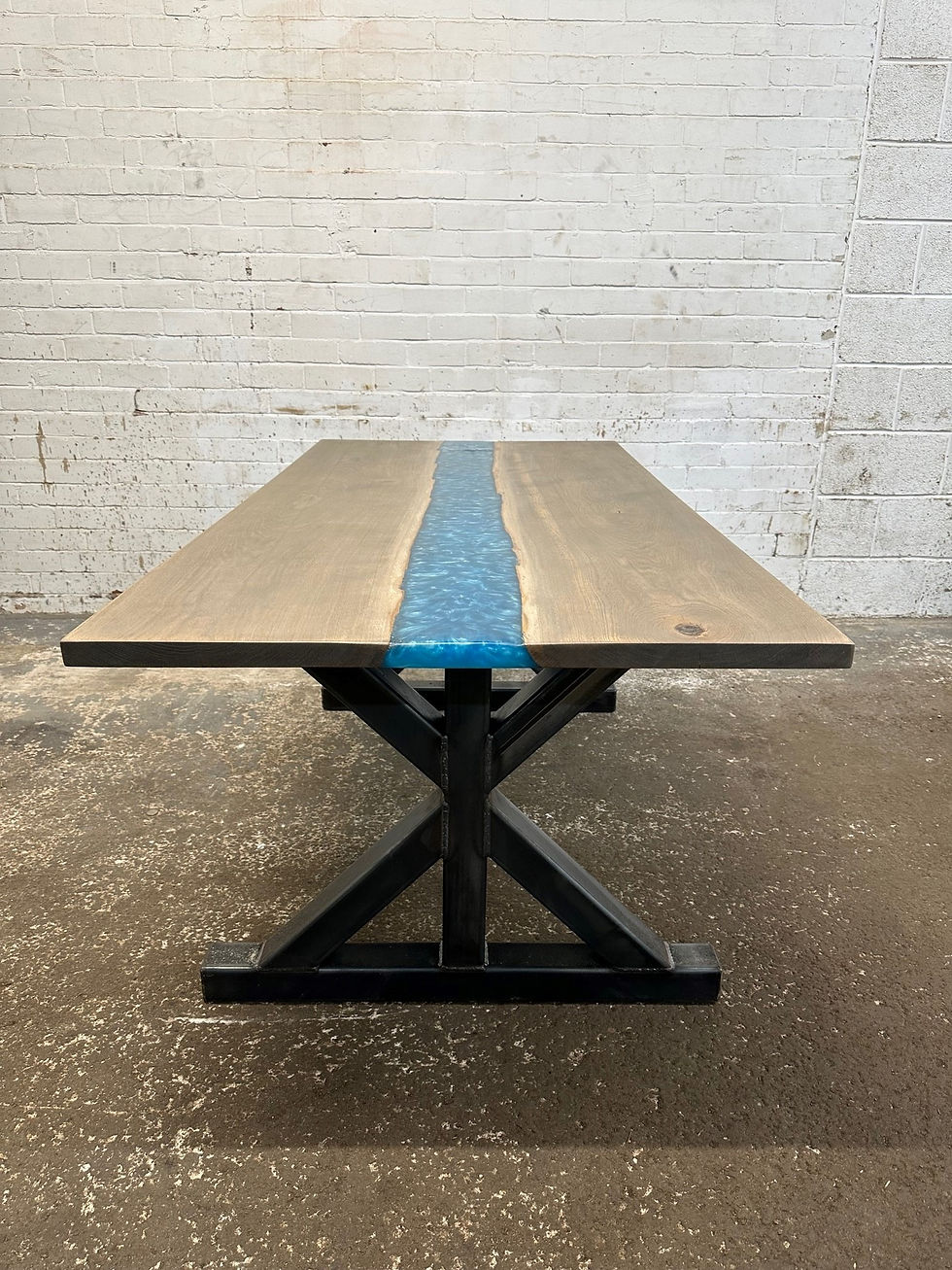 Thumbnail: Industrial Chic Solid Oak Ocean Blue Epoxy Resin River Union Dining Table -737