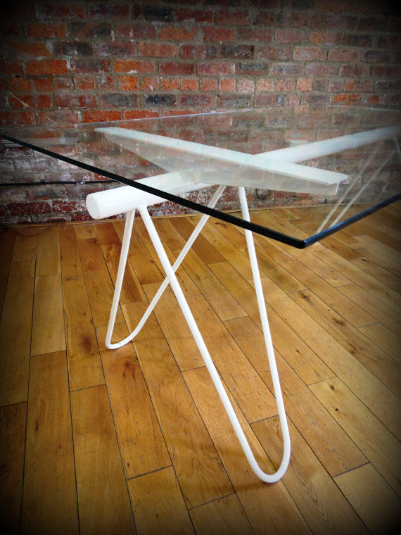 Thumbnail: Modern Industrial Chic Glass Top Hairpin 'Mantes' Dining Table Steel White 349