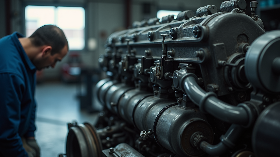 Close-up view of a diesel engine being repaired in a garage
