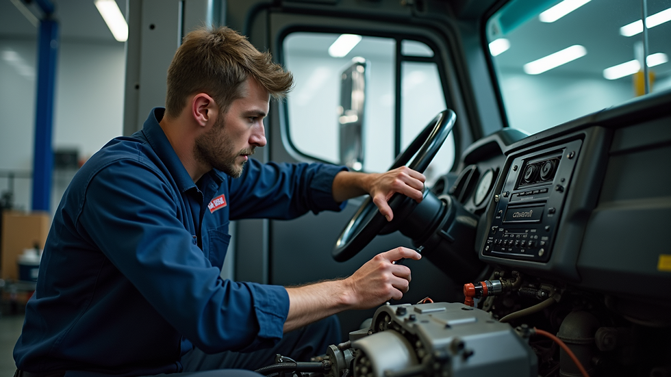 Eye-level view of a mobile mechanic working on a commercial truck engine