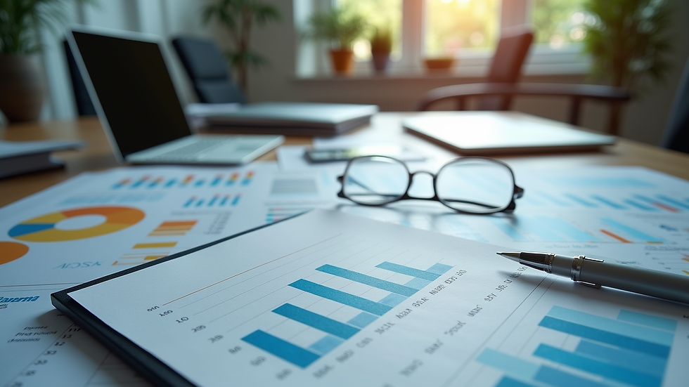 High angle view of organized office workspace with financial charts