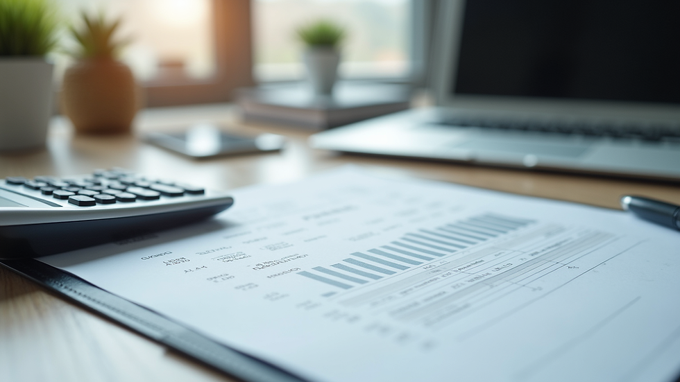 Close-up view of financial documents and calculator on office desk