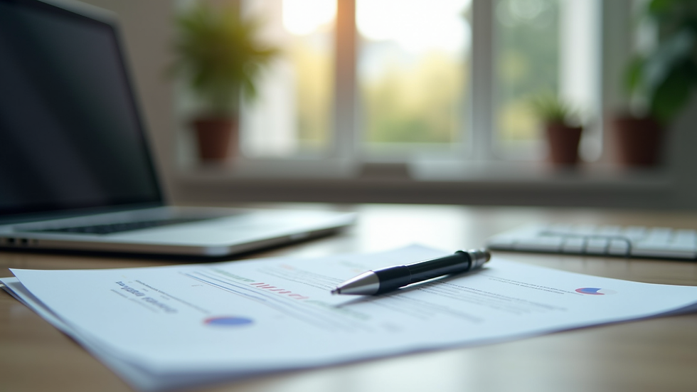 Eye-level view of a desk with a laptop and accounting documents