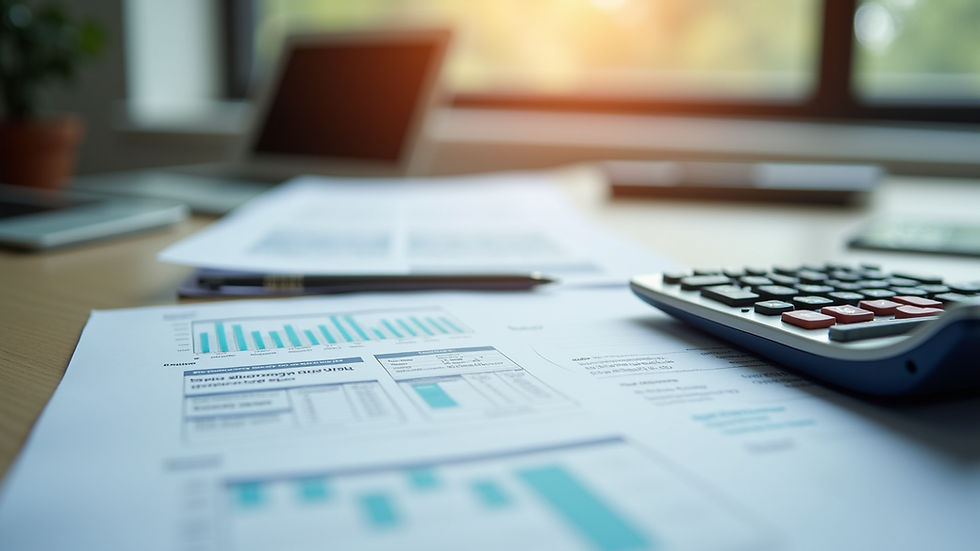 Close-up view of financial documents and calculator on office desk