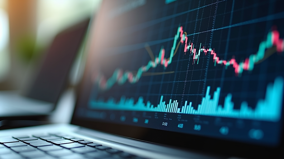 Close-up view of a laptop screen showing financial graphs and charts