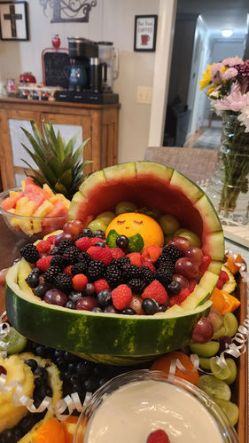 Baby Shower Fruit Tray Carriage and Cream Cheese Fruit Dip