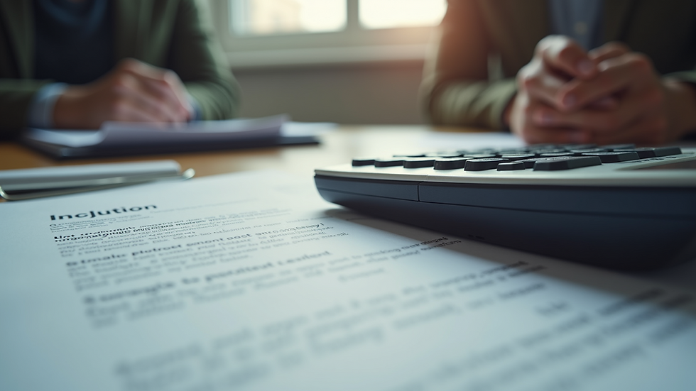 Eye-level view of a desk with legal documents and a calculator
