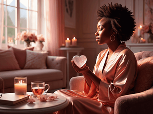 Woman sitting relaxed and pain-free holding a heart, capturing a self-care moment at home