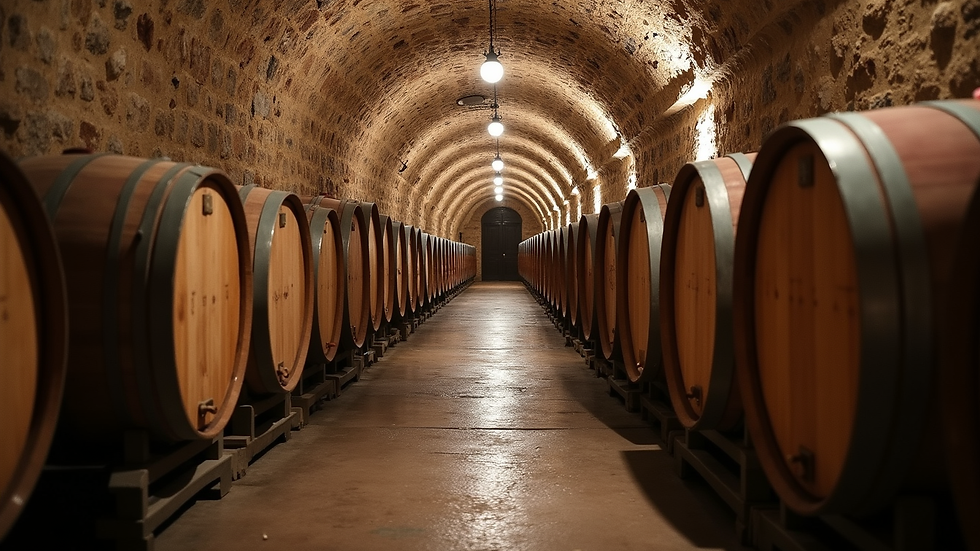 Eye-level view of a historic cellar with stone walls and wooden barrels