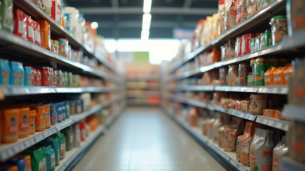 Eye-level view of a pet store aisle with various pet food products