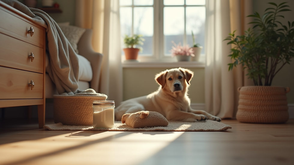 Eye-level view of a cozy home corner with pet supplies neatly arranged