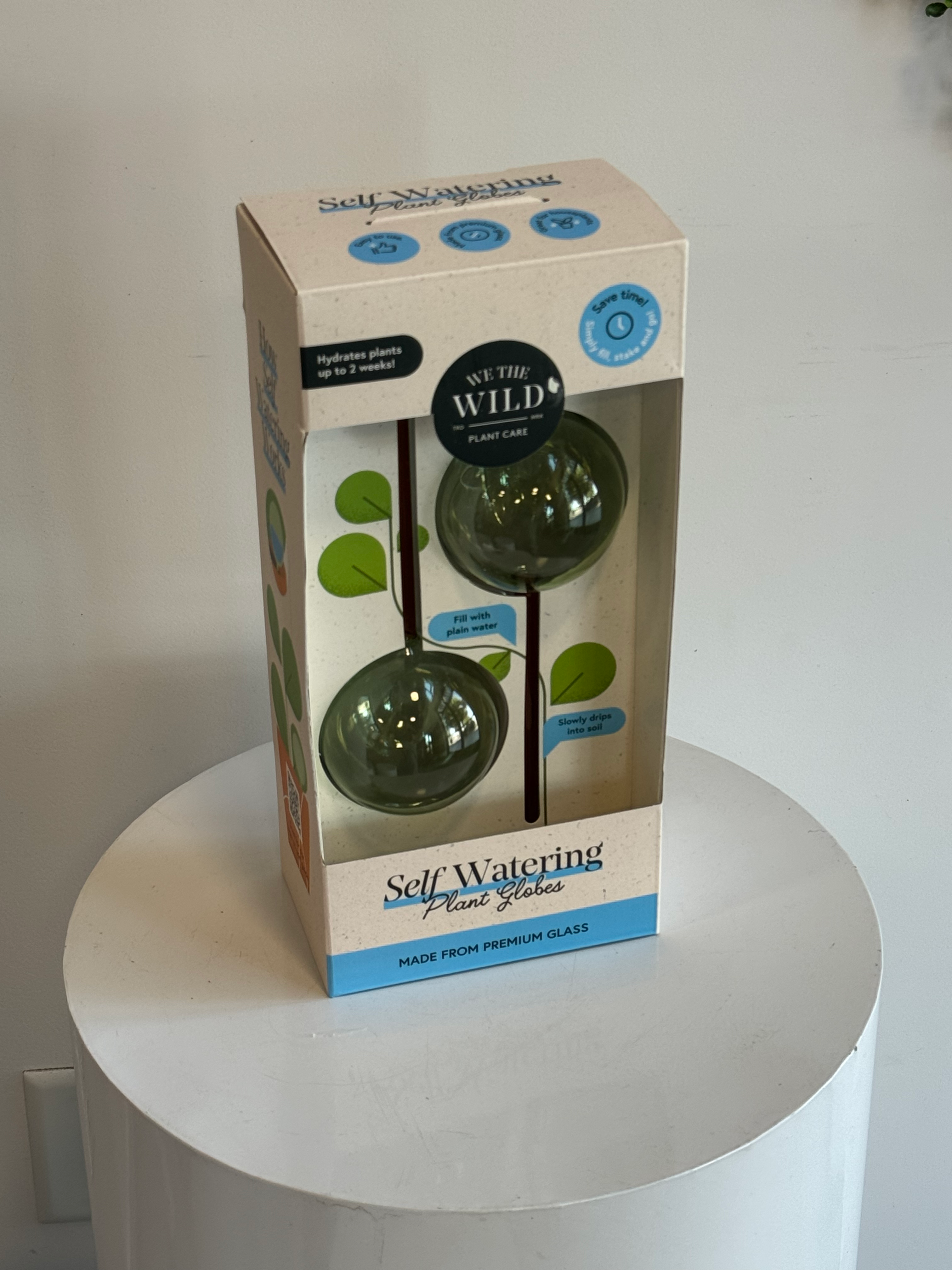 Front view of the We The Wild Self-Watering Plant Globes box packaging, showcasing the product name and a preview of the gree