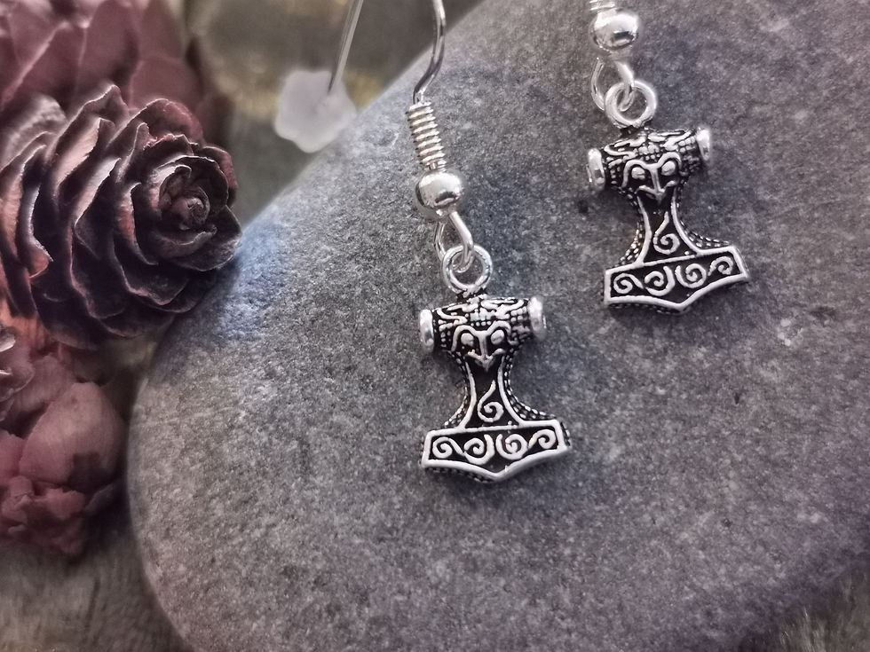 Thumbnail: Sterling Silver Mjolnir, Mjölnir, Thors Hammer, Viking Mythology, Drop Earrings