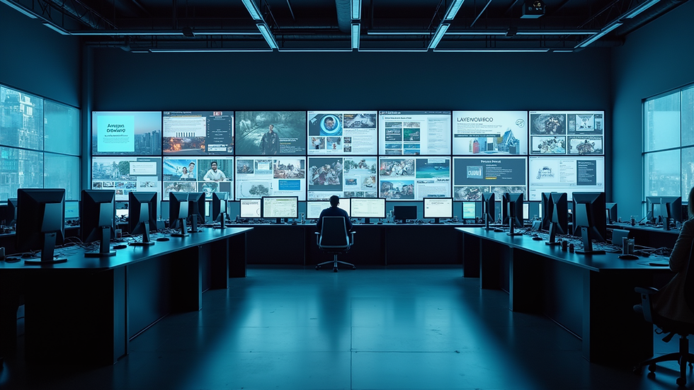 Eye-level view of a modern newsroom with digital screens and content planning boards