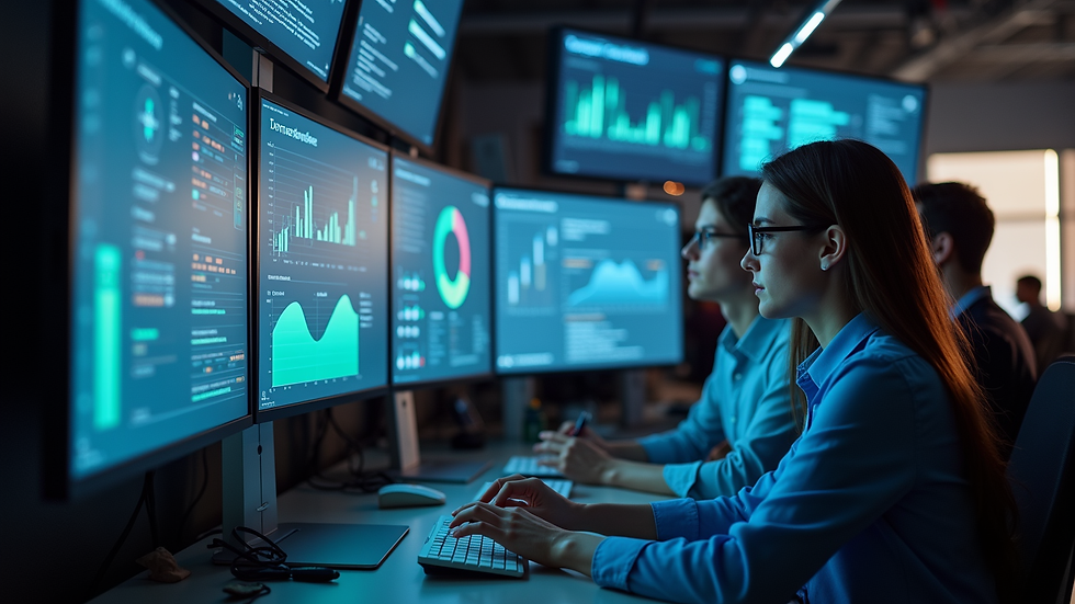 Close-up view of a content operations team analyzing digital audience data on multiple screens