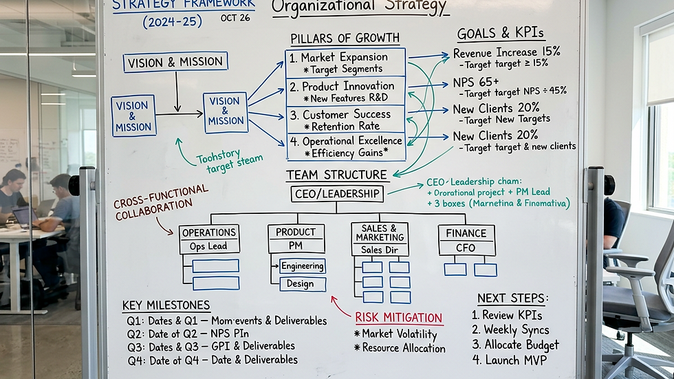 Close-up view of a whiteboard with organizational strategy diagrams and notes