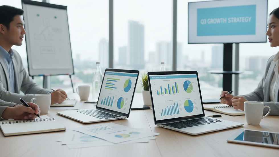 Close-up view of a business meeting with charts and laptops on the table