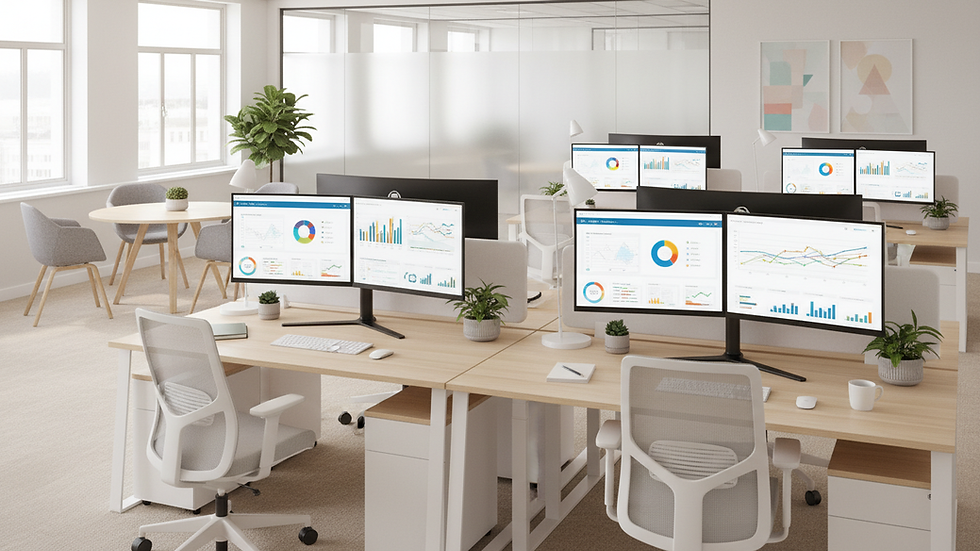 Eye-level view of a modern office workspace with multiple computer screens displaying analytics