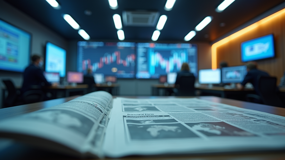 Eye-level view of a modern newsroom with digital screens and print newspapers