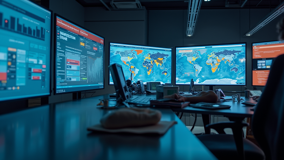Eye-level view of a modern newsroom with digital screens and content workflow charts