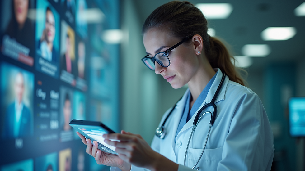 Eye-level view of a healthcare professional reviewing candidate profiles on a digital platform