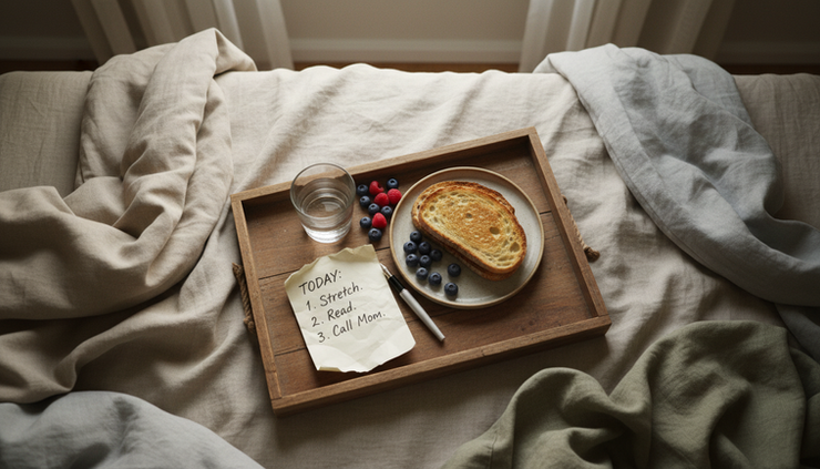 Overhead view of a small breakfast tray with fruit, toast, and a handwritten plan for the day.