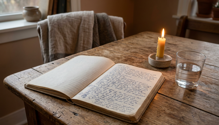 Wide-angle view of a notebook open beside a candle and a glass of water