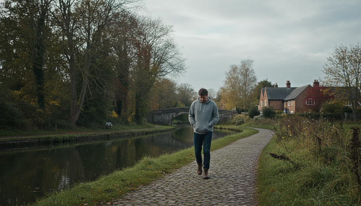 Wide-angle view of a person walking along a quiet canal path under cloudy afternoon light.