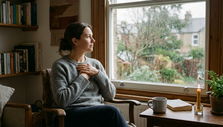 Eye-level view of a person sitting quietly beside a window with hands resting on their chest
