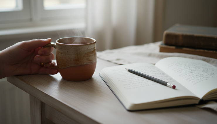 Close-up view of a hand holding a half-finished cup of tea beside an open notebook on a kitchen table.