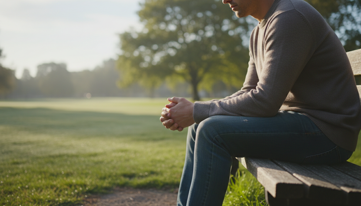 Eye-level view of a person sitting quietly on a park bench in soft morning light.