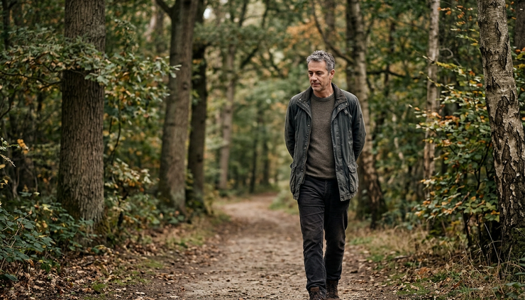 Eye-level view of a person walking alone along a quiet path between trees