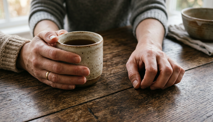 Close-up of a hand holding a mug while another hand rests tensely on a table
