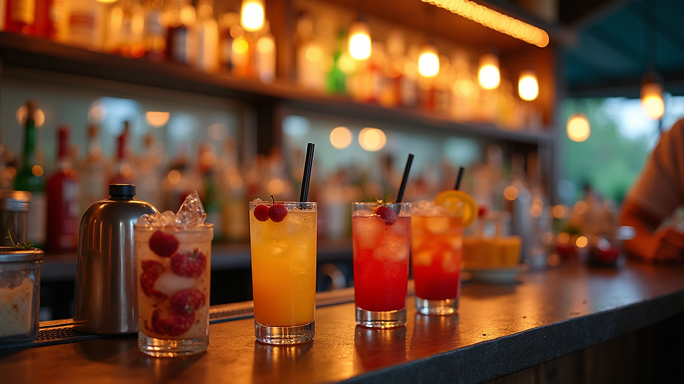 Eye-level view of a mobile bar setup with colorful cocktails