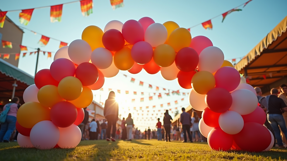 Eye-level view of a colorful balloon arch at a festive event