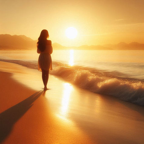 A woman walking along a beach.